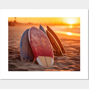 Surf School and Surfboards on the sunset beach sand Posters and Art